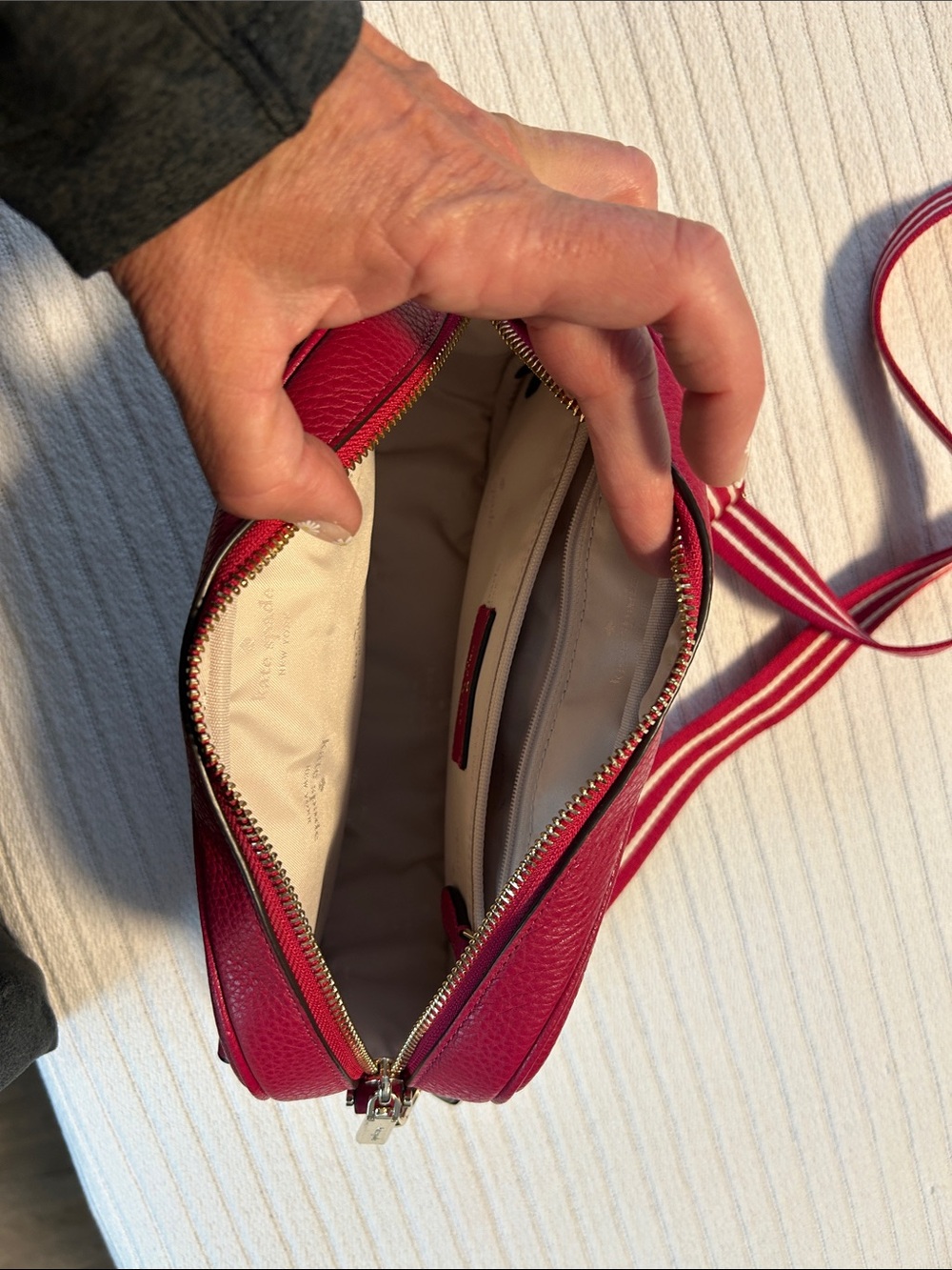 kate spade Raspberry Pebbled Leather Crossbody with Striped Strap - Picture 3 of 13